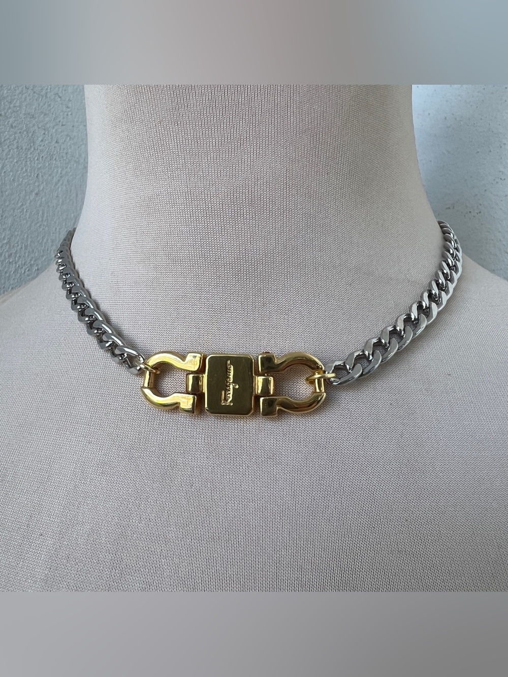 Custom Vintage Two-tone Ferragamo Curb Chain Choker Necklace 15.5” - Picture 7 of 9